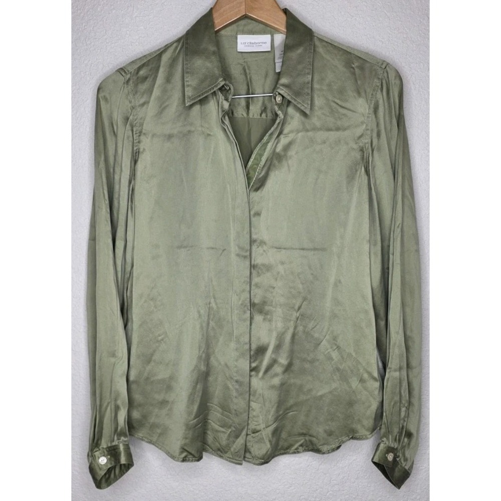 Vintage Liz Claiborne 100% Silk Sage Blouse Quiet Luxury Women M Career Office